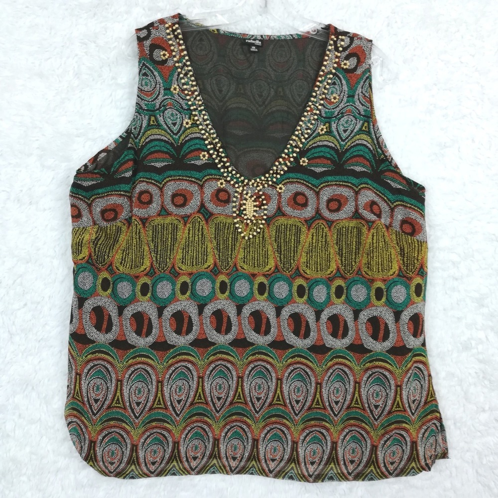 Rafaella Womens Blouse Top Sleeveless Multi Geometric Print‎ Crinkle Plus 1X New